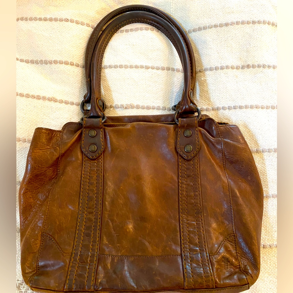 Frye Melissa Distressed Leather Cognac Brown Tote Shoulder Bag Satchel